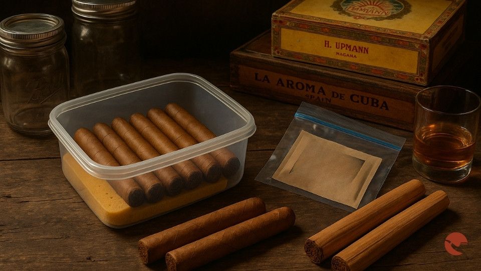 DIY cigar storage setup with cigars in a plastic container, glass jars, and a humidity pack.